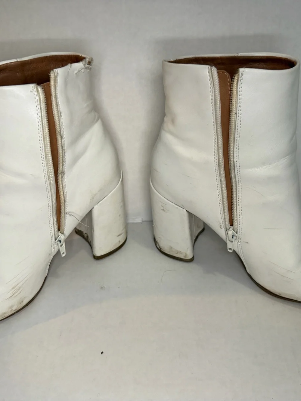 WILA White Leather Ankle Booties with Block Heel